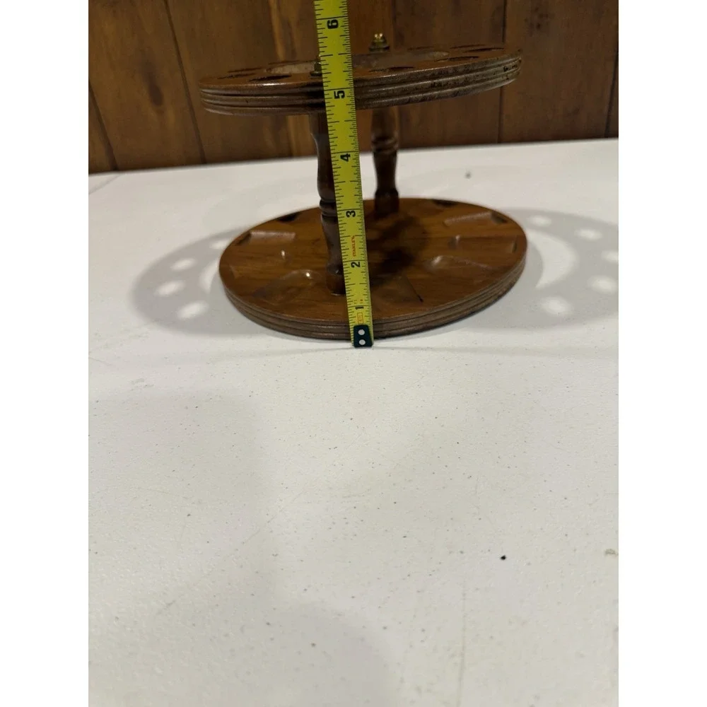 Vintage Round Wood Tobacco 10 Pipe Rack With Amber Duraglas Glass Humidor Jar
